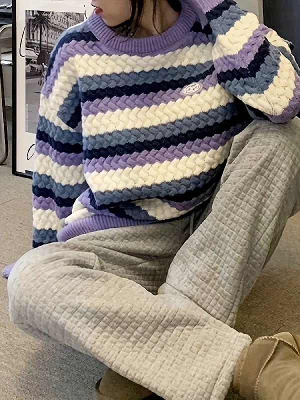 Weekend Specials to Savor Sixsr Striped Print Color Block Knit Sweater, Casual Crew Neck Long Sleeve Sweater, Women's Clothing Weekend Specials to Savor Sixsr Striped Print Color Block Knit Sweater, Casual Crew Neck Long Sleeve Sweater, Women's Clothing