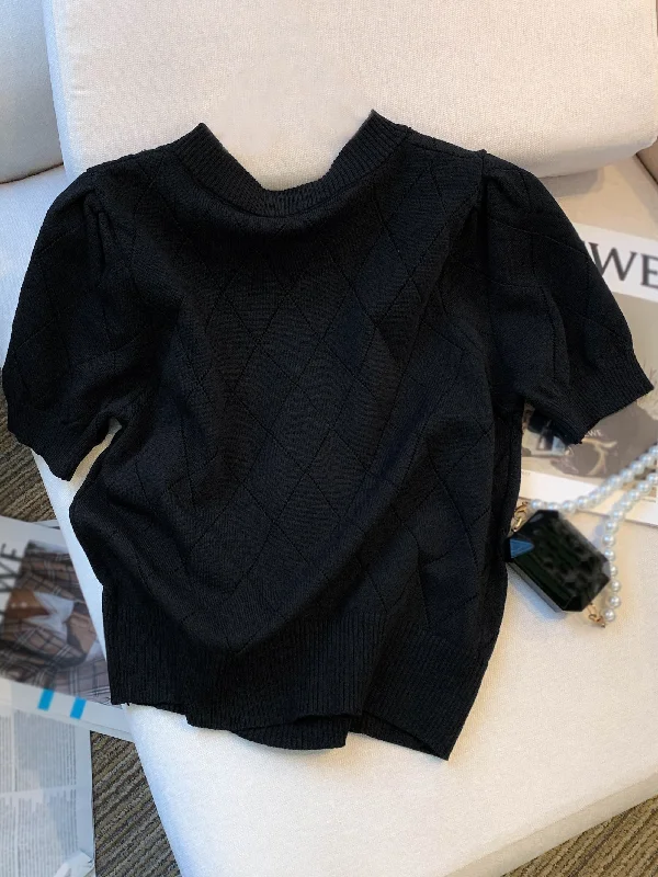 Low Cost Sixsr Rhinestone Crew Neck Pointelle Knit Sweater, Causal Puff Short Sleeve Pullover Sweater, Women's Clothing Low Cost Sixsr Rhinestone Crew Neck Pointelle Knit Sweater, Causal Puff Short Sleeve Pullover Sweater, Women's Clothing