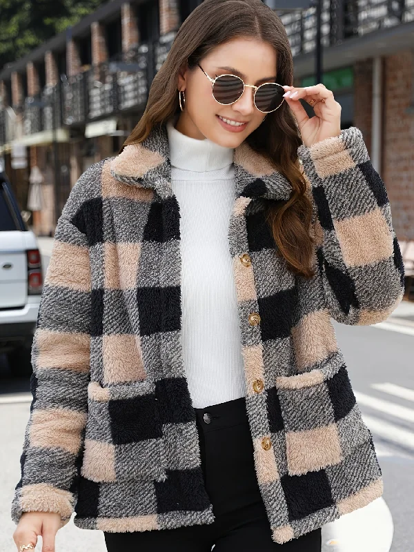 Stock Up Sixsr Plaid Print Patched Pockets Teddy Coat, Versatile Long Sleeve Single Breasted Winter Outwear, Women's Clothing Stock Up Sixsr Plaid Print Patched Pockets Teddy Coat, Versatile Long Sleeve Single Breasted Winter Outwear, Women's Clothing