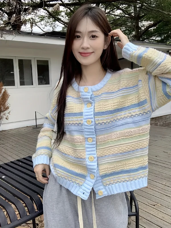 Weekend Deals That Dazzle Sixsr Striped Button Up Knit Cardigan, Elegant Long Sleeve Sweater For Spring & Fall, Women's Clothing Weekend Deals That Dazzle Sixsr Striped Button Up Knit Cardigan, Elegant Long Sleeve Sweater For Spring & Fall, Women's Clothing