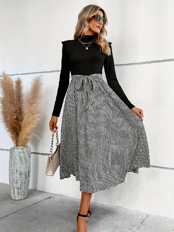 Weekend Deals That Spark Sixsr Houndstooth Print Splicing Dress, Elegant Mock Neck Long Sleeve Dress, Women's Clothing Weekend Deals That Spark Sixsr Houndstooth Print Splicing Dress, Elegant Mock Neck Long Sleeve Dress, Women's Clothing
