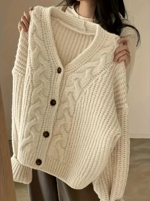 Super Deal Sixsr Solid Button Down Cable Knit Cardigan, Casual Long Sleeve Loose Thick Sweater, Women's Clothing Super Deal Sixsr Solid Button Down Cable Knit Cardigan, Casual Long Sleeve Loose Thick Sweater, Women's Clothing