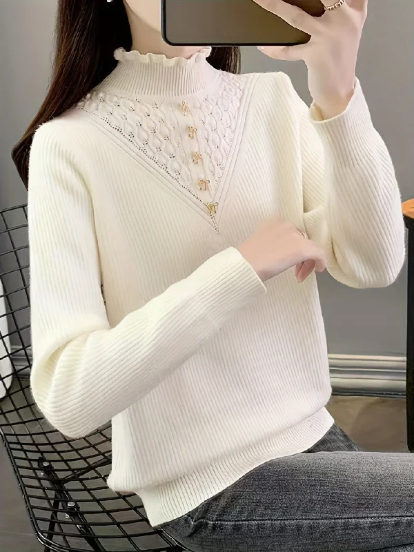 Weekend Deals That Thrill Sixsr Solid Mock Neck Fleece Sweater, Elegant Button Long Sleeve Thermal Inner Wear Sweater, Women's Clothing Weekend Deals That Thrill Sixsr Solid Mock Neck Fleece Sweater, Elegant Button Long Sleeve Thermal Inner Wear Sweater, Women's Clothing