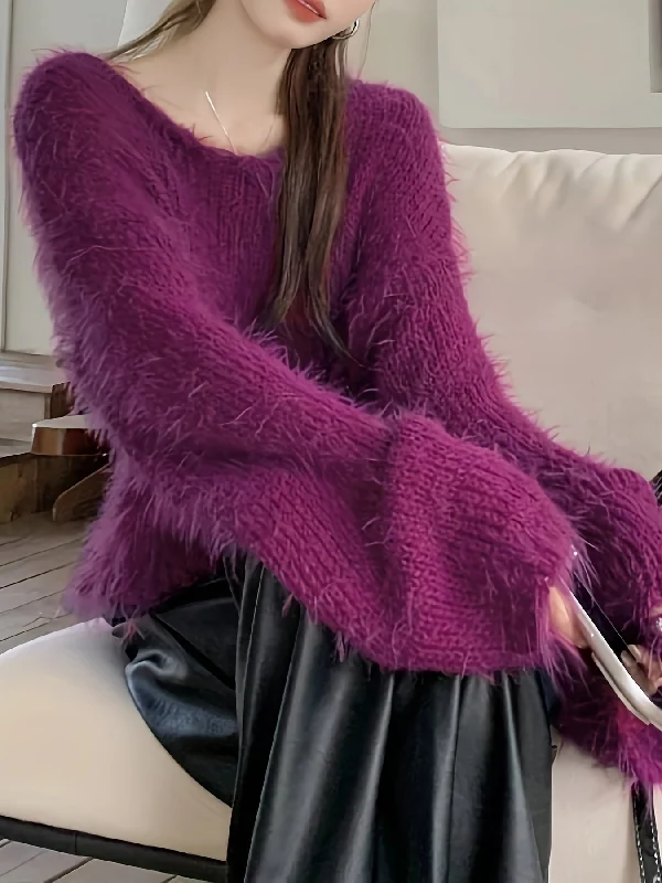 Weekend Specials Just for You Sixsr Solid Crew Neck Plush Pullover Sweater, Casual Long Sleeve Loose Cozy Sweater, Women's Clothing Weekend Specials Just for You Sixsr Solid Crew Neck Plush Pullover Sweater, Casual Long Sleeve Loose Cozy Sweater, Women's Clothing