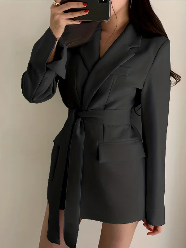Low Price Sixsr Solid Tie-waist Lapel Blazer, Elegant Long Sleeve Outerwear For Work & Office, Women's Clothing Low Price Sixsr Solid Tie-waist Lapel Blazer, Elegant Long Sleeve Outerwear For Work & Office, Women's Clothing