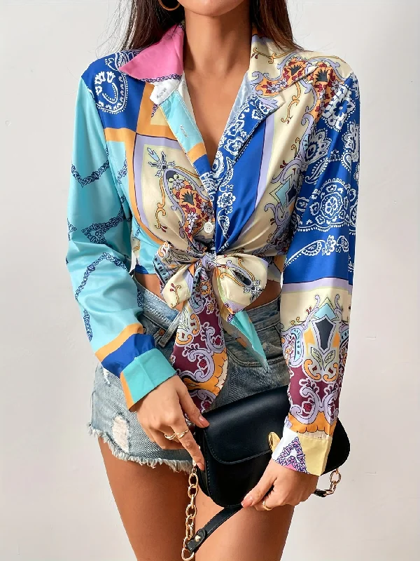 Weekend Special Sixsr Color Block Tie Front Shirt, Button Down Long Sleeve Shirt, Casual Every Day Tops, Women's Clothing Weekend Special Sixsr Color Block Tie Front Shirt, Button Down Long Sleeve Shirt, Casual Every Day Tops, Women's Clothing