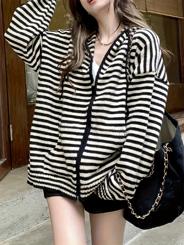 Stock Clearance Sixsr Striped Pattern Zip Up Hooded Cardigan, Vintage Drawstring Long Sleeve Cardigan For Fall & Winter, Women's Clothing Stock Clearance Sixsr Striped Pattern Zip Up Hooded Cardigan, Vintage Drawstring Long Sleeve Cardigan For Fall & Winter, Women's Clothing