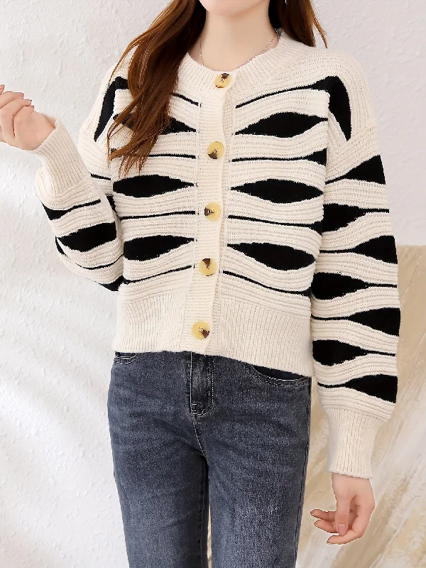 Unbeatable Deal Sixsr Graphic Pattern Button Down Knit Cardigan, Elegant Long Sleeve Sweater Outwear, Women's Clothing