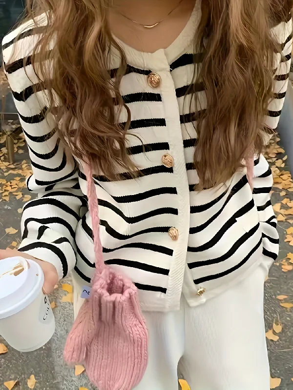 Weekend Deal Sixsr Striped Pattern Patched Pockets Outwear, Elegant Single Button Long Sleeve Outwear, Women's Clothing Weekend Deal Sixsr Striped Pattern Patched Pockets Outwear, Elegant Single Button Long Sleeve Outwear, Women's Clothing