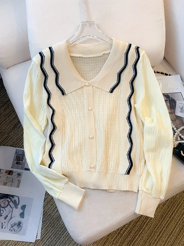 Closeout Deal Sixsr Contrast Trim Lapel Sweater, Elegant Fake Button Scallop Trim Long Sleeve Sweater For Fall & Winter, Women's Clothing Closeout Deal Sixsr Contrast Trim Lapel Sweater, Elegant Fake Button Scallop Trim Long Sleeve Sweater For Fall & Winter, Women's Clothing