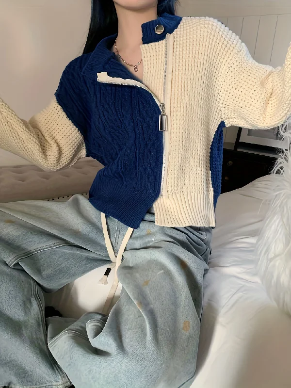 Price Drop Sixsr Color Block Zip Up Knit Cardigan, Casual Long Sleeve Stylish Sweater, Women's Clothing