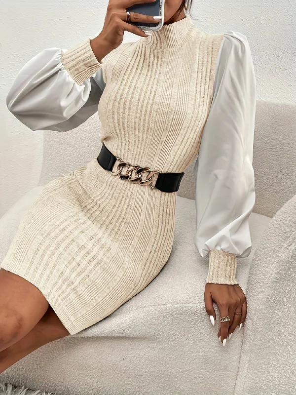 Weekend Specials to Cherish Sixsr Color Block Ribbed Dress, Elegant Lantern Sleeve High Neck Slim Dress, Women's Clothing Weekend Specials to Cherish Sixsr Color Block Ribbed Dress, Elegant Lantern Sleeve High Neck Slim Dress, Women's Clothing