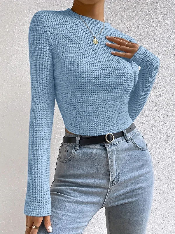 Weekend Savings Spectacular Sixsr Waffle Slim Crew Neck T-Shirt, Casual Long Sleeve Top For Spring & Fall, Women's Clothing Weekend Savings Spectacular Sixsr Waffle Slim Crew Neck T-Shirt, Casual Long Sleeve Top For Spring & Fall, Women's Clothing