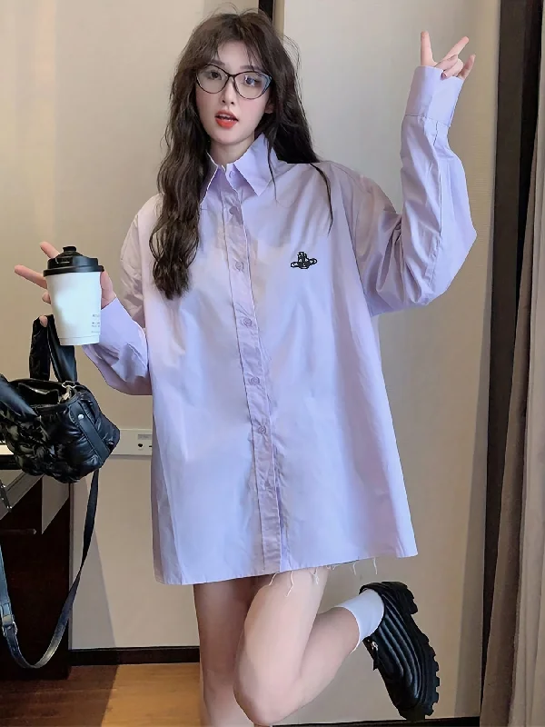 Mega Discount Sixsr Embroidered Solid Shirt, Casual Oversized Button Front Long Sleeve Shirt, Women's Clothing Mega Discount Sixsr Embroidered Solid Shirt, Casual Oversized Button Front Long Sleeve Shirt, Women's Clothing