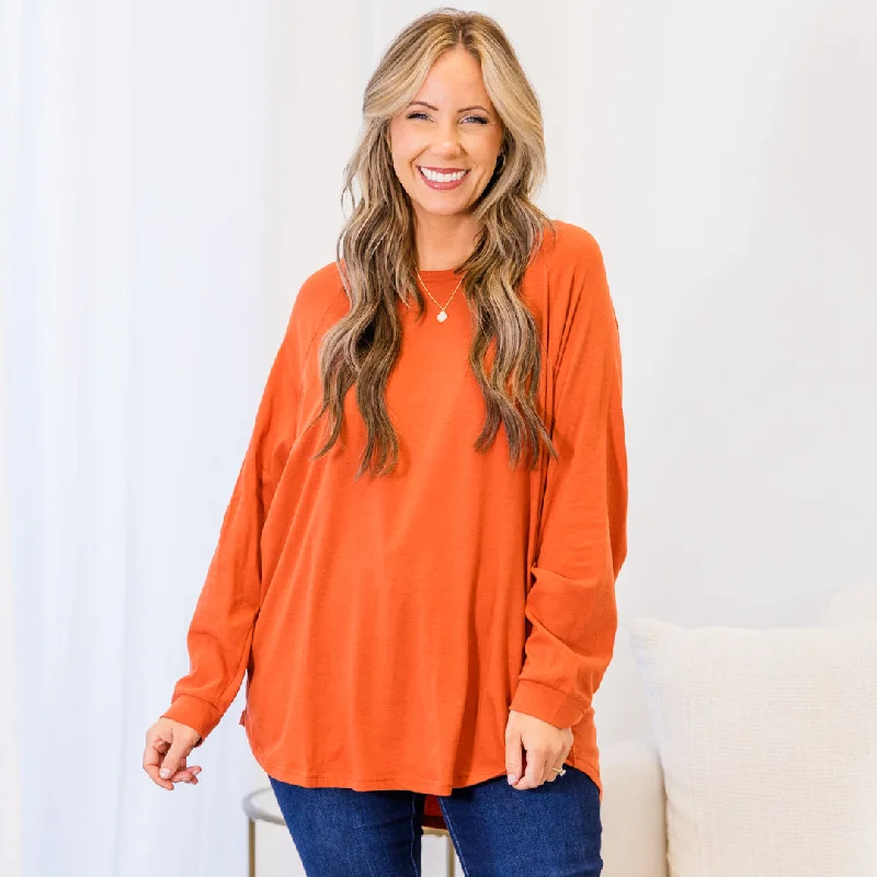 Unbeatable Deal Curved Hem Slouchy Dolman Tunic, Rust