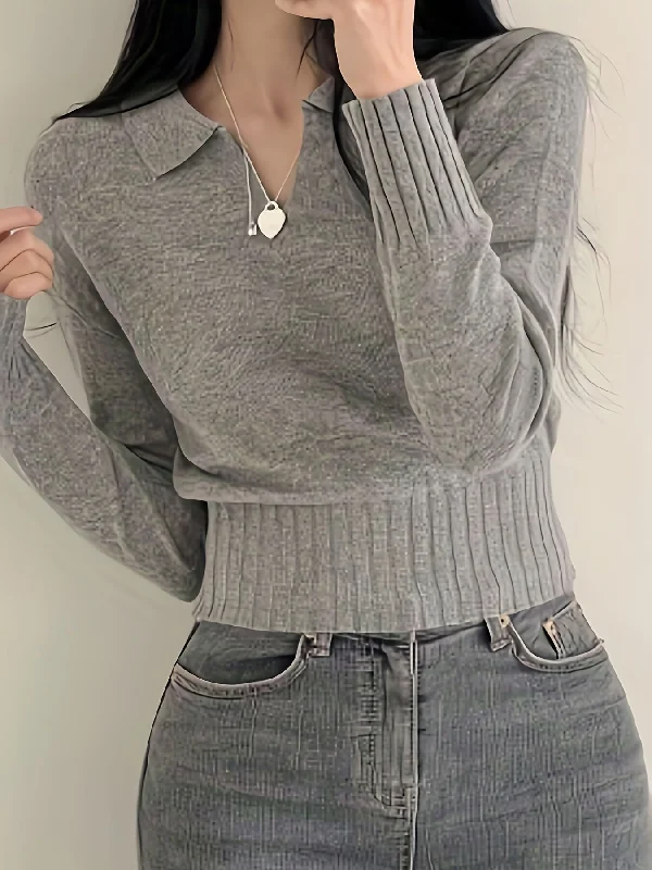 Today Only Sixsr Solid Notched Collar Pullover Sweater, Casual Long Sleeve Crop Sweater For Spring & Fall, Women's Clothing Today Only Sixsr Solid Notched Collar Pullover Sweater, Casual Long Sleeve Crop Sweater For Spring & Fall, Women's Clothing
