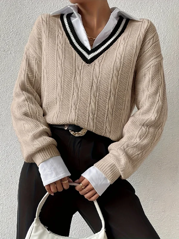 Weekend Discounts to Enjoy Sixsr V Neck Cable Knit Pullover Sweater, Casual Long Sleeve Drop Shoulder Sweater, Women's Clothing Weekend Discounts to Enjoy Sixsr V Neck Cable Knit Pullover Sweater, Casual Long Sleeve Drop Shoulder Sweater, Women's Clothing