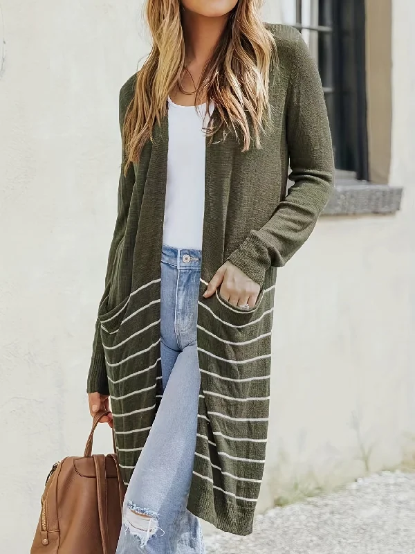 Weekend Savings Fiesta Sixsr Striped Open Front Knit Cardigan, Casual Long Sleeve Mid Length Sweater With Pocket, Women's Clothing Weekend Savings Fiesta Sixsr Striped Open Front Knit Cardigan, Casual Long Sleeve Mid Length Sweater With Pocket, Women's Clothing