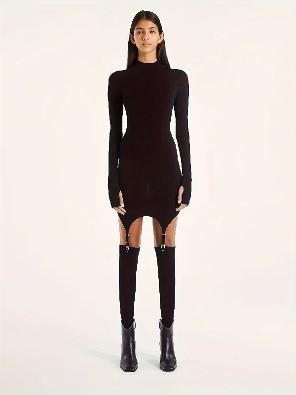 Weekend Shopping Extravaganza Sixsr Solid Slim Mini Dress, Club Wear Long Sleeve Mock Neck Dress With Buckle, Women's Clothing Weekend Shopping Extravaganza Sixsr Solid Slim Mini Dress, Club Wear Long Sleeve Mock Neck Dress With Buckle, Women's Clothing