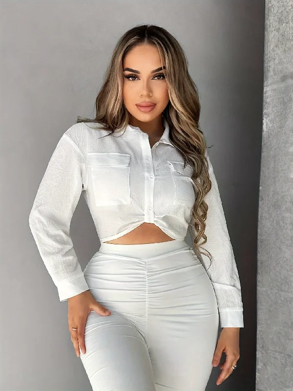 Super Deal Sixsr Solid Button Front Shirt, Elegant Long Sleeve Crop Shirt, Women's Clothing Super Deal Sixsr Solid Button Front Shirt, Elegant Long Sleeve Crop Shirt, Women's Clothing