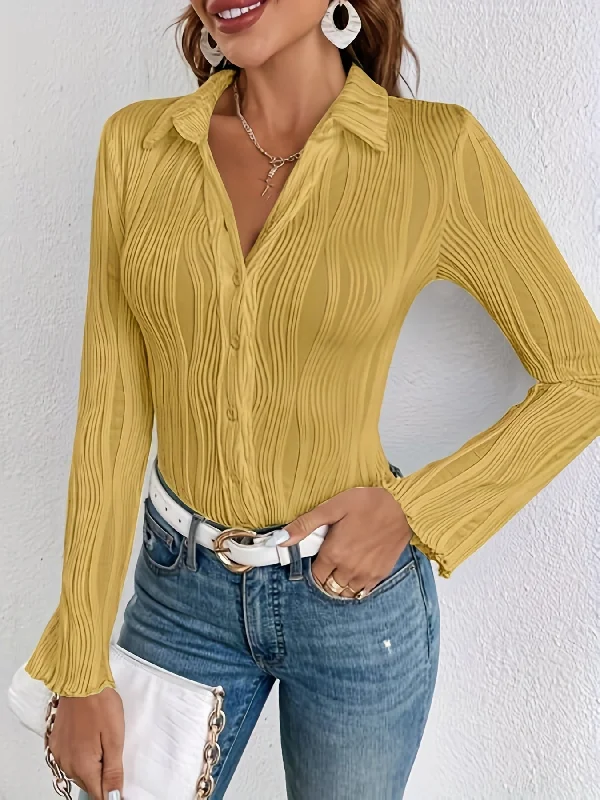 Hurry In Sixsr Solid Button Front Shirt, Casual Long Sleeve Shirt For Spring & Fall, Women's Clothing Hurry In Sixsr Solid Button Front Shirt, Casual Long Sleeve Shirt For Spring & Fall, Women's Clothing