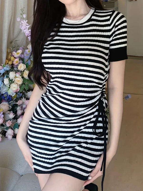 Today Only Sixsr Striped Bodycon Dress, Casual Cute Crew Neck Short Sleeve Bag Hip Drawstring Dress, Women's Clothing Today Only Sixsr Striped Bodycon Dress, Casual Cute Crew Neck Short Sleeve Bag Hip Drawstring Dress, Women's Clothing