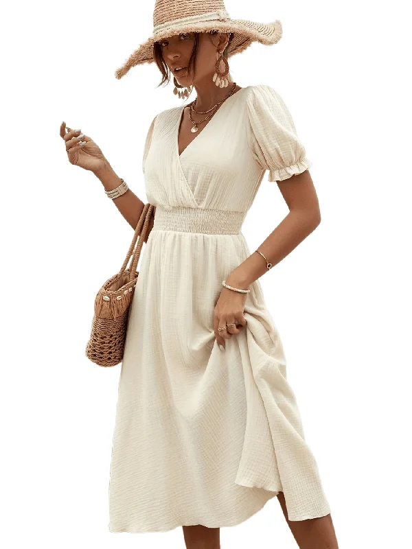 Weekend Shopping Bliss Sixsr Shirred Waist Surplice Neck Dress, Elegant Solid Puff Sleeve Dress, Women's Clothing Weekend Shopping Bliss Sixsr Shirred Waist Surplice Neck Dress, Elegant Solid Puff Sleeve Dress, Women's Clothing