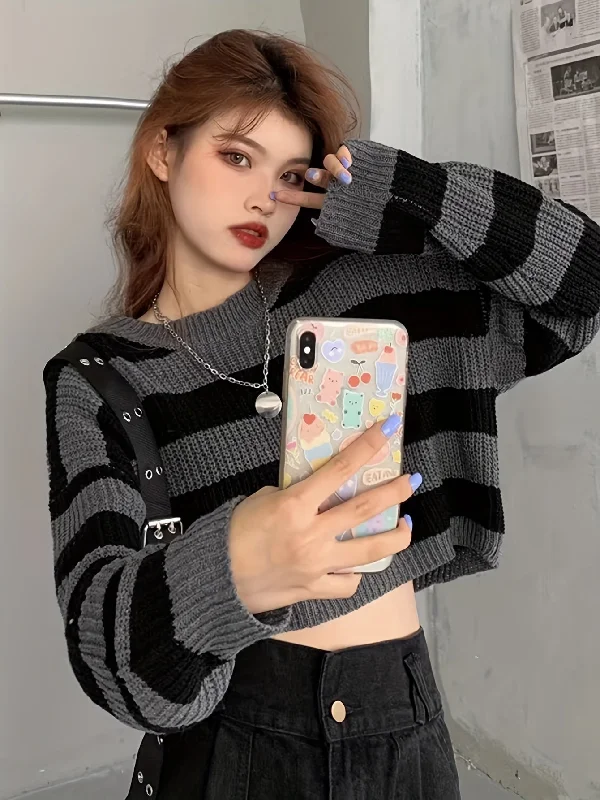 Weekend Discounts to Delight Sixsr Striped Crew Neck Pullover Sweater, Casual Long Sleeve Loose Crop Sweater, Women's Clothing Weekend Discounts to Delight Sixsr Striped Crew Neck Pullover Sweater, Casual Long Sleeve Loose Crop Sweater, Women's Clothing