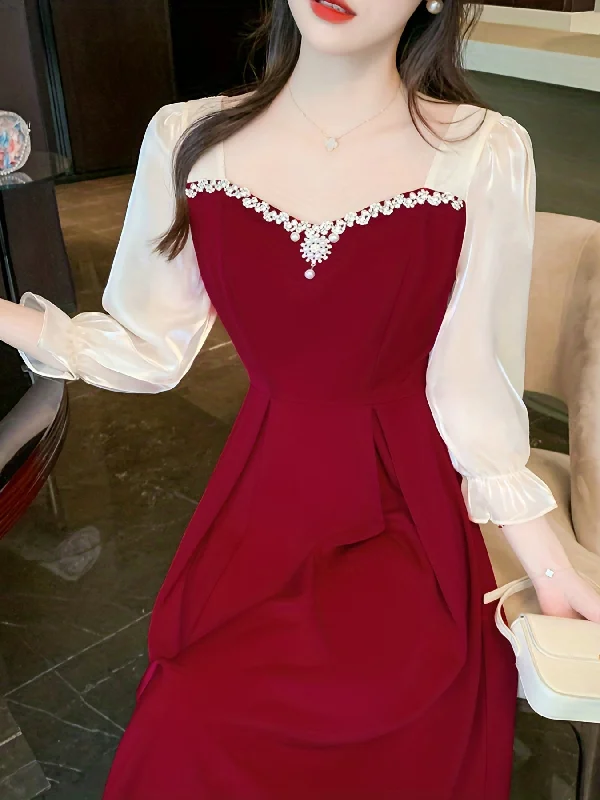 Weekend Discounts to Love Sixsr Contrast Trim Mesh Lantern Sleeve Dress, Stylish A-line Flared Dress, Women's Clothing Weekend Discounts to Love Sixsr Contrast Trim Mesh Lantern Sleeve Dress, Stylish A-line Flared Dress, Women's Clothing