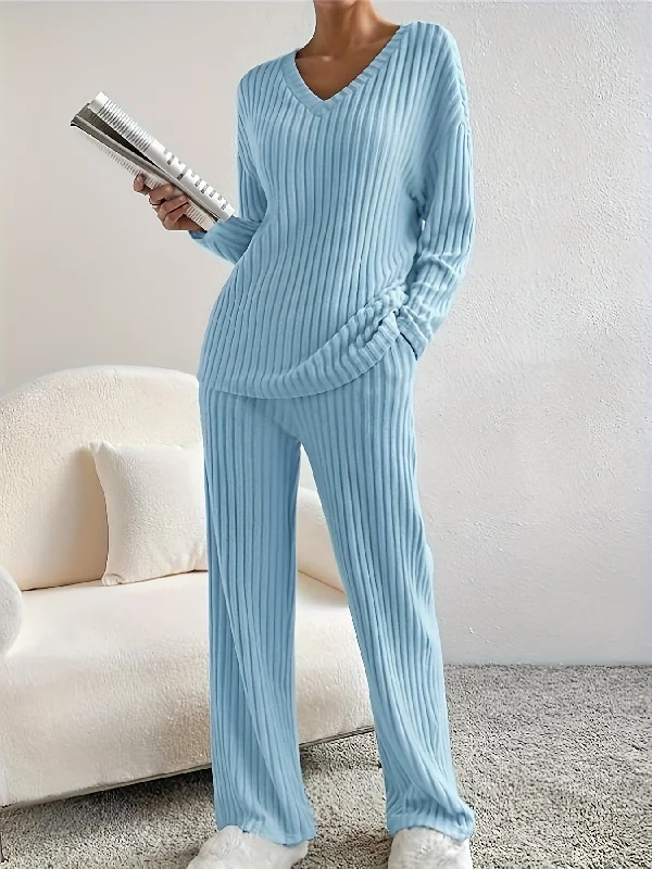 Special Buy Sixsr Solid Ribbed Two-piece Set, V Neck Long Sleeve Tops & Wide Leg Pants Outfits, Women's Clothing Special Buy Sixsr Solid Ribbed Two-piece Set, V Neck Long Sleeve Tops & Wide Leg Pants Outfits, Women's Clothing