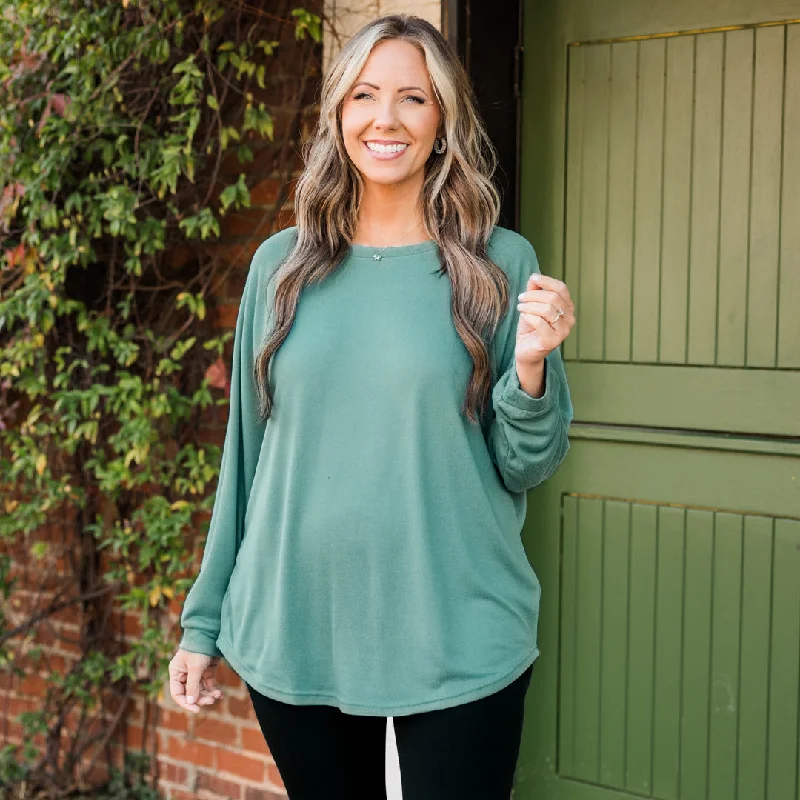 Can't Beat Curved Hem Slouchy Dolman Knitted Tunic, Sage