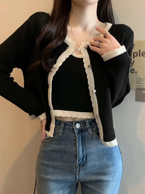 Now or Never Sixsr Scallop Trim Button Up Knit Cardigan, Elegant Long Sleeve Slim Crop Cardigan, Women's Clothing Now or Never Sixsr Scallop Trim Button Up Knit Cardigan, Elegant Long Sleeve Slim Crop Cardigan, Women's Clothing