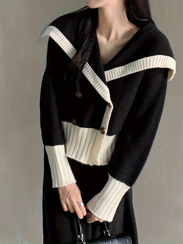 Online Exclusive Sixsr Color Block Double Breasted Knit Cardigan, Casual Collared Long Sleeve Thick Sweater, Women's Clothing Online Exclusive Sixsr Color Block Double Breasted Knit Cardigan, Casual Collared Long Sleeve Thick Sweater, Women's Clothing
