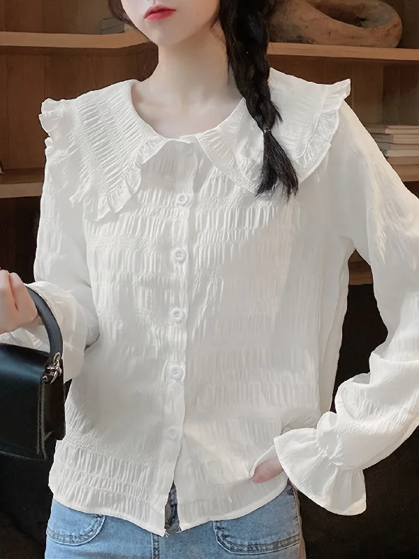 Cash Savings Sixsr Solid Textured Peter Pan Collar Blouse, Sweet Long Sleeve Button Front Blouse For Spring & Fall, Women's Clothing Cash Savings Sixsr Solid Textured Peter Pan Collar Blouse, Sweet Long Sleeve Button Front Blouse For Spring & Fall, Women's Clothing