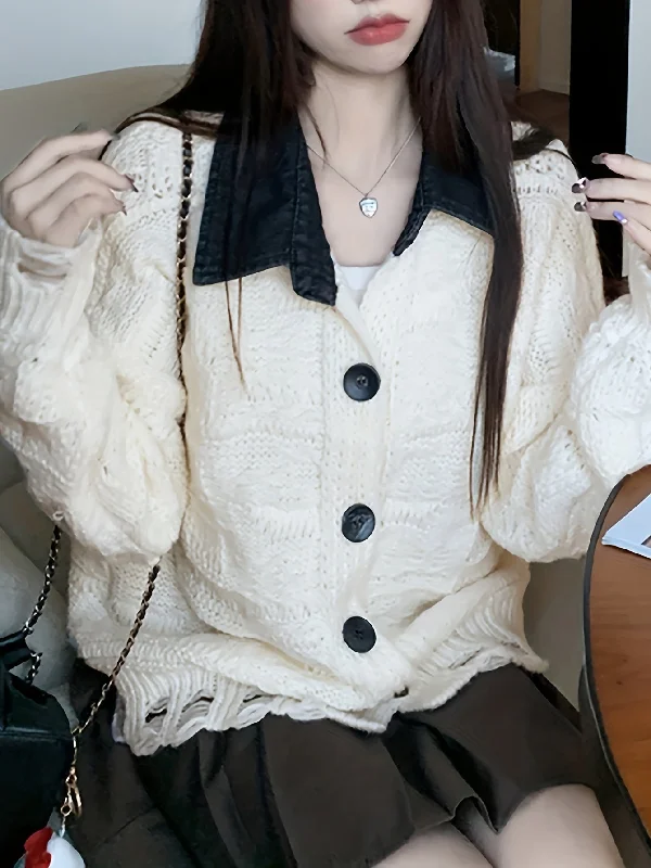 Unbeatable Deal Sixsr Color Block Button Up Knit Cardigan, Casual Turndown Collar Long Sleeve Ripped Sweater, Women's Clothing Unbeatable Deal Sixsr Color Block Button Up Knit Cardigan, Casual Turndown Collar Long Sleeve Ripped Sweater, Women's Clothing