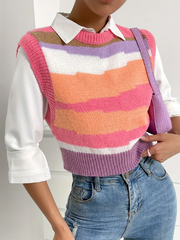 Don't Miss Out Sixsr Y2K Color Block Striped Knit Vest, Crew Neck Sleeveless Crop Sweater, Women's Clothing Don't Miss Out Sixsr Y2K Color Block Striped Knit Vest, Crew Neck Sleeveless Crop Sweater, Women's Clothing