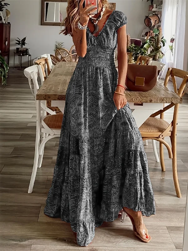 Final Clearance Sixsr Floral Print Ruffle Neck Long Dress, Boho Short Sleeve Waist Summer Large Swing Dresses, Women's Clothing Final Clearance Sixsr Floral Print Ruffle Neck Long Dress, Boho Short Sleeve Waist Summer Large Swing Dresses, Women's Clothing