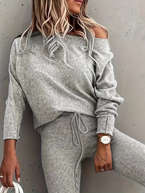 Buy Today Sixsr Casual Solid Two-piece Set, Cold Shoulder Long Sleeve Top & Drawstring Ribbed Pants Outfits, Women's Clothing Buy Today Sixsr Casual Solid Two-piece Set, Cold Shoulder Long Sleeve Top & Drawstring Ribbed Pants Outfits, Women's Clothing