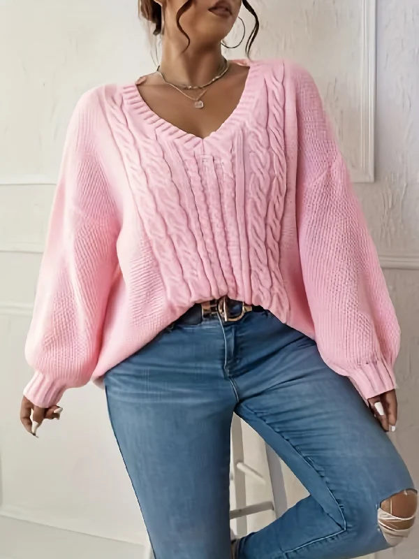 Make Your Weekend Count with Savings Sixsr Solid V Neck Cable Knit Sweater, Casual Long Sleeve Loose Sweater, Women's Clothing Make Your Weekend Count with Savings Sixsr Solid V Neck Cable Knit Sweater, Casual Long Sleeve Loose Sweater, Women's Clothing