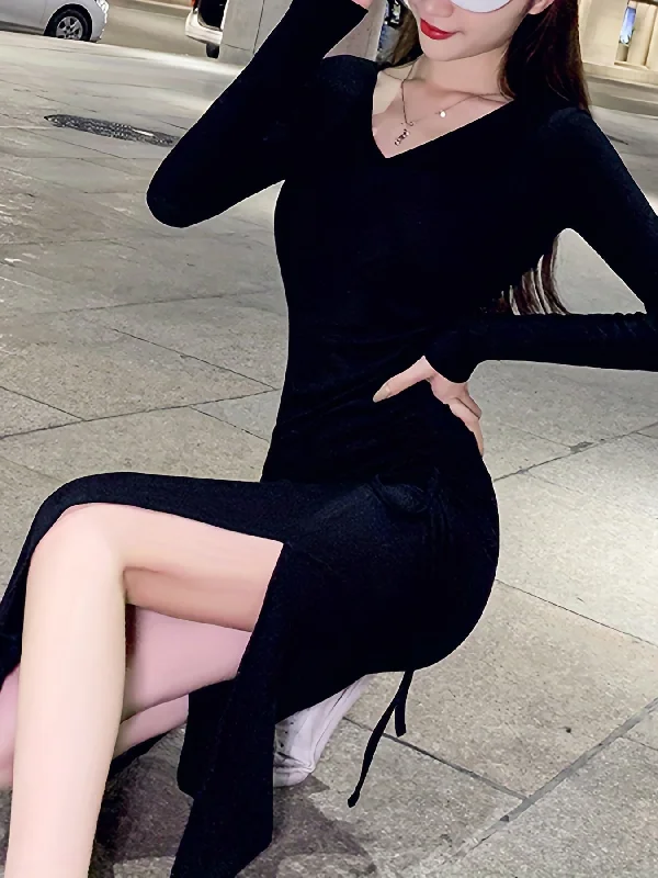Shop and Save Sixsr Split Hem Drawstring Ruched Dress, Stylish V Neck Long Sleeve Dress For Spring & Fall, Women's Clothing Shop and Save Sixsr Split Hem Drawstring Ruched Dress, Stylish V Neck Long Sleeve Dress For Spring & Fall, Women's Clothing