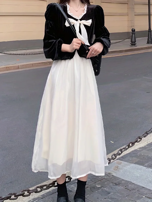 Super Deal Sixsr Color Block Bow Tie 2 In 1 Dress, Elegant Long Sleeve Midi Dress, Women's Clothing Super Deal Sixsr Color Block Bow Tie 2 In 1 Dress, Elegant Long Sleeve Midi Dress, Women's Clothing