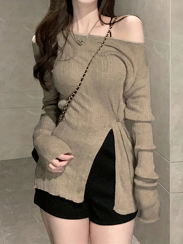 Deal of the Day Sixsr Solid Slant Shoulder Split Knitted Top, Versatile Long Sleeve Slim Top For Spring & Fall, Women's Clothing Deal of the Day Sixsr Solid Slant Shoulder Split Knitted Top, Versatile Long Sleeve Slim Top For Spring & Fall, Women's Clothing