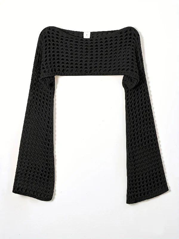 Weekend Bargains to Grab Sixsr Y2K Crochet Cropped Knit Sweater, Crew Neck Flared Sleeve Black Summer Sweater, Women's Clothing Weekend Bargains to Grab Sixsr Y2K Crochet Cropped Knit Sweater, Crew Neck Flared Sleeve Black Summer Sweater, Women's Clothing