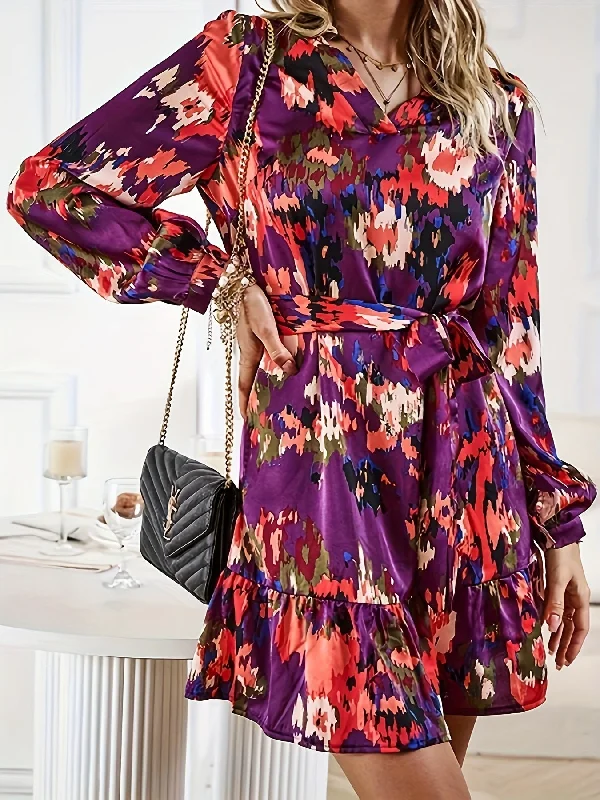 Weekend Offers That Thrill Sixsr Allover Print Long Sleeve Dress, Casual V Neck Tie-neck Ruffle Hem Dress, Women's Clothing Weekend Offers That Thrill Sixsr Allover Print Long Sleeve Dress, Casual V Neck Tie-neck Ruffle Hem Dress, Women's Clothing