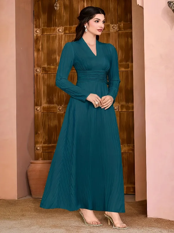 Weekend Bargains to Cherish Sixsr Solid V Neck Dress, Elegant Long Sleeve Shirred Waist Dress, Women's Clothing Weekend Bargains to Cherish Sixsr Solid V Neck Dress, Elegant Long Sleeve Shirred Waist Dress, Women's Clothing