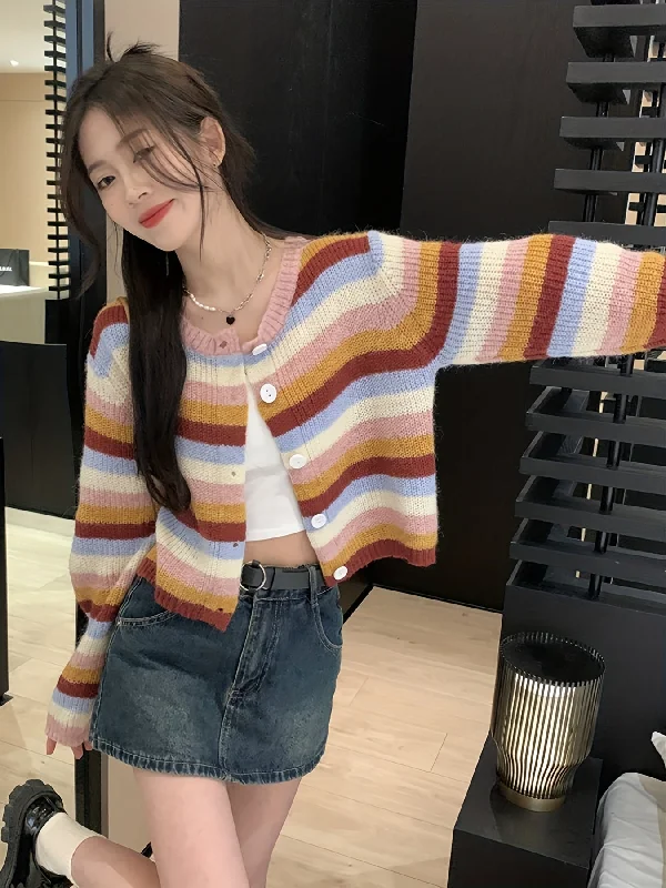Weekend Shopping Bliss Sixsr Rainbow Striped Button Down Knit Cardigan, Casual Long Sleeve Sweater Fot Spring & Fall, Women's Clothing Weekend Shopping Bliss Sixsr Rainbow Striped Button Down Knit Cardigan, Casual Long Sleeve Sweater Fot Spring & Fall, Women's Clothing