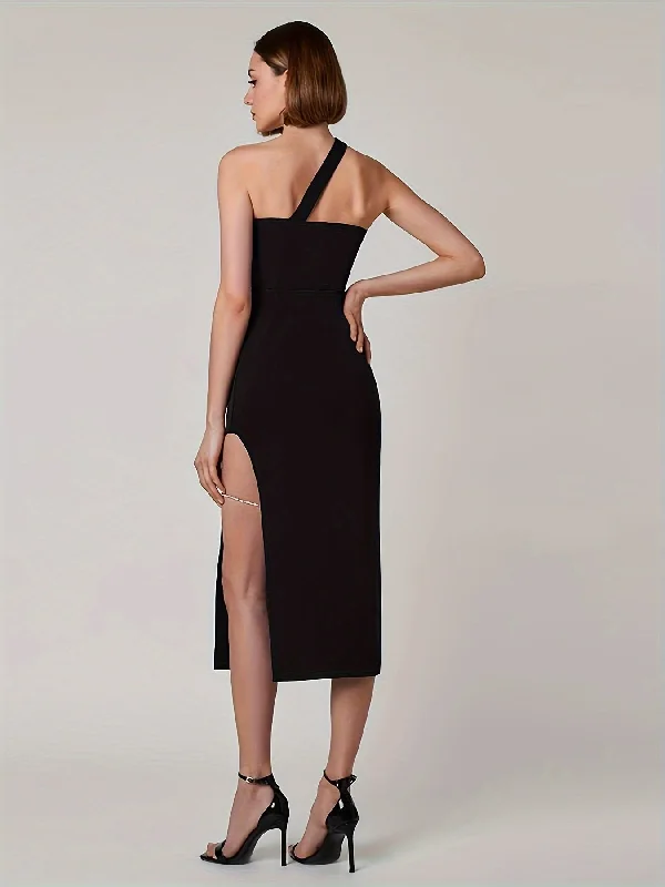 Exclusive Deal Sixsr One-shoulder Sleeveless Dress, Stylish Solid Color Split Hem Slim Dress, Women's Clothing Exclusive Deal Sixsr One-shoulder Sleeveless Dress, Stylish Solid Color Split Hem Slim Dress, Women's Clothing