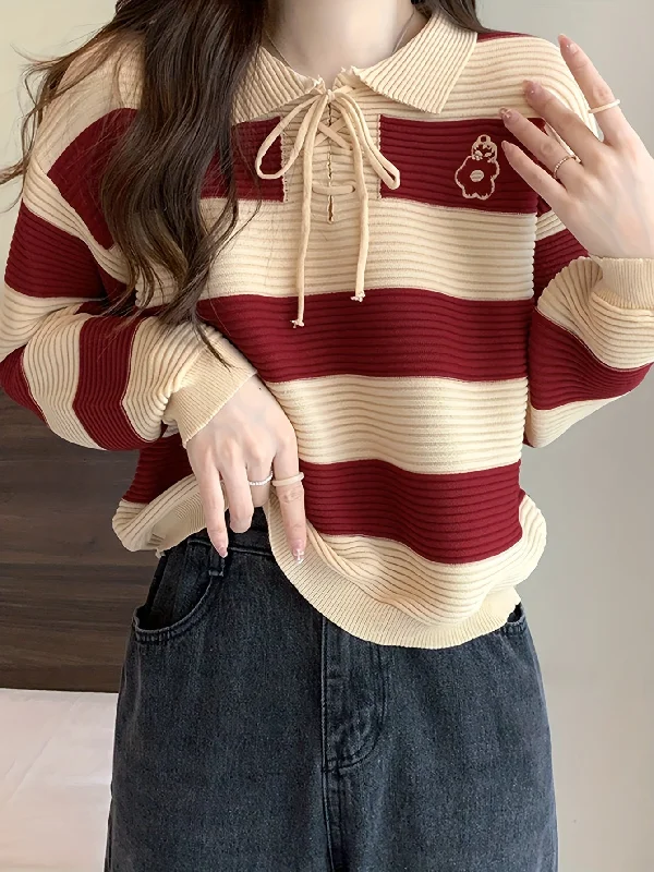 Super Deal Sixsr Striped Tie Neck Pullover Sweater, Casual Long Sleeve Drop Shoulder Sweater, Women's Clothing Super Deal Sixsr Striped Tie Neck Pullover Sweater, Casual Long Sleeve Drop Shoulder Sweater, Women's Clothing