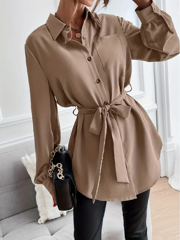 Take Action Sixsr Solid Pocket Polo Collar Belted Blouse, Casual Long Sleeve Blouse For Spring & Fall, Women's Clothing Take Action Sixsr Solid Pocket Polo Collar Belted Blouse, Casual Long Sleeve Blouse For Spring & Fall, Women's Clothing