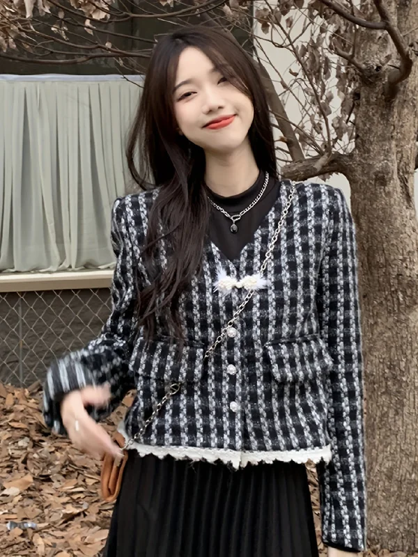 Hurry In Sixsr Plaid Pattern V Neck Jacket, Casual Button Front Long Sleeve Outerwear, Women's Clothing Hurry In Sixsr Plaid Pattern V Neck Jacket, Casual Button Front Long Sleeve Outerwear, Women's Clothing